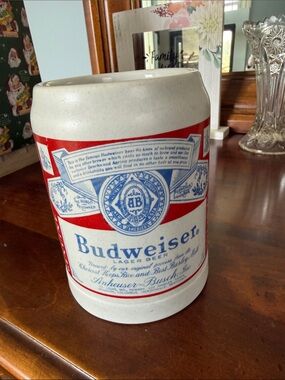Budweiser Ceramic Stein with Red, Blue, White Label Ceramarte